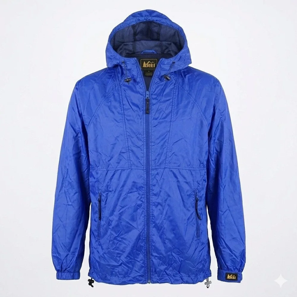 Vintage 90s REI Blue Nylon Windbreaker‎ Jacket Mens XL Hooded Full Zip Outdoor